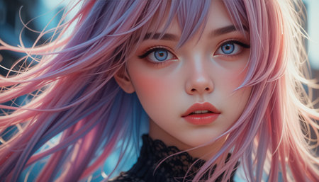 Portrait of a beautiful girl with pink hair and blue eyesの素材