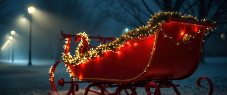 Festive Red Sleigh with Christmas Lights in a Winter Wonderlandの素材