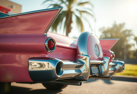 Pink vintage car with chrome tail fins and exhaust, rear viewの素材
