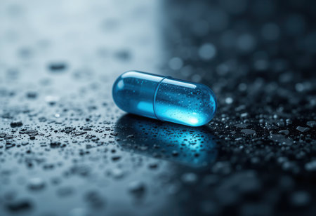Close-up of a transparent blue capsule on a textured surfaceの素材