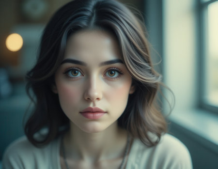 A portrait of a beautiful girl looking at a camera in the living room of a houseの素材