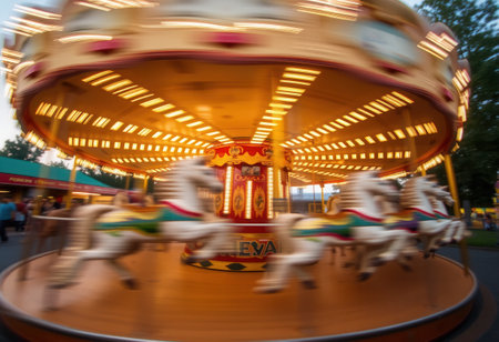 Children's carousel in motion. Blurred image of amusement parkの素材