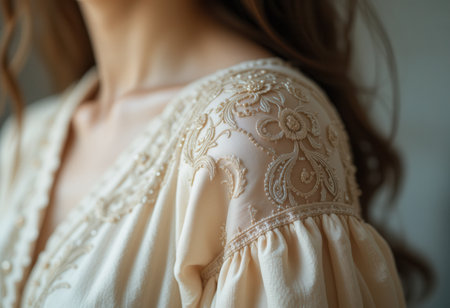 Elegant Cream Dress with Intricate Embroidery Detailの素材
