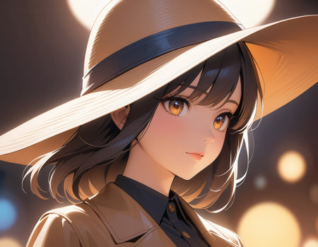 Anime girl in hat and cape on bokeh backgroundの素材