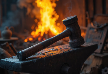 A blacksmith's hammer resting on an anvil in front of a roaring forgeの素材