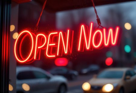 Neon sign open now on the door of a cafe or restaurantの素材