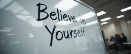 Blurred background of a whiteboard with the words Believe in yourselfの素材