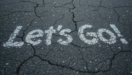 Let's Go! A motivational message on a cracked asphalt street.の素材