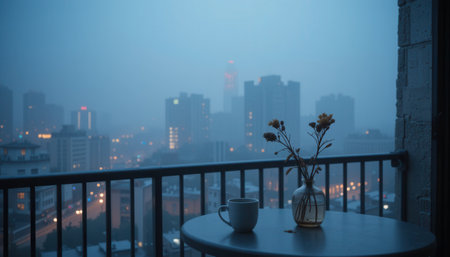 A cup of coffee on the balcony overlooking the city at nightの素材