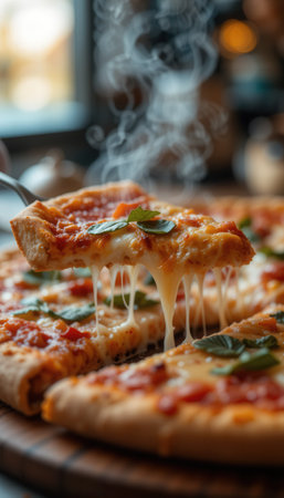 Delicious Pizza with melted cheese and basilの素材