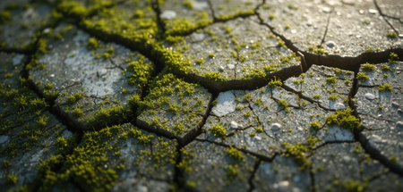 Dry cracked ground with green moss. Global warming concept. Close upの素材