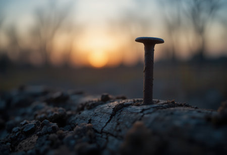 A close up of a rusty nail on a tree trunk at sunsetの素材