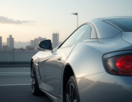 Silver sports car, close-up rear viewの素材