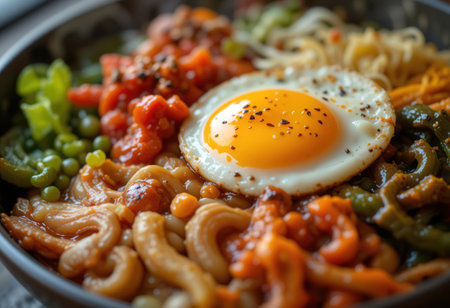 Close-up of a delicious Korean bibimbap dish with egg and vegetablesの素材