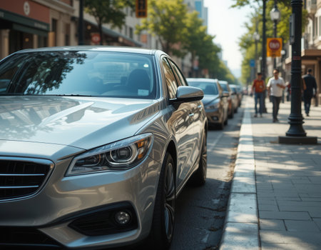 Silver sedan parked on a city street with people walking on the sidewalkの素材