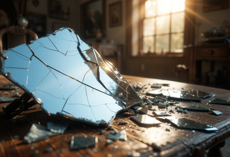 Shattered Reflections A Broken Mirror on a Wooden Tableの素材