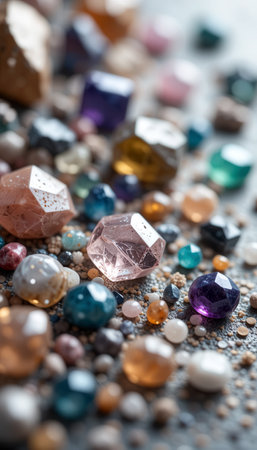 Heap of multicolor gemstones on grey textured backgroundの素材