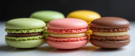 Group of Assorted Colorful French Macarons on a Dark Backgroundの素材
