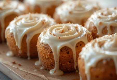 Row of Mini Cinnamon Rolls with White Glaze and Crumb Toppingの素材