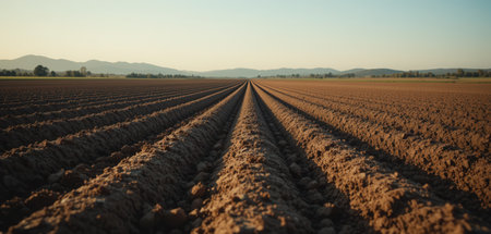 Rows of Ploughed Earth Stretching Towards the Horizon at Sunset in a Rural Landscapeの素材
