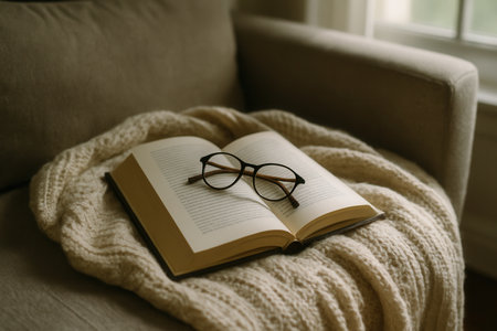 Open Book With Reading Glasses on a Cozy Blanket on a Sofaの素材