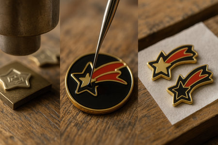 A behind-the-scenes look at the creation of enamel pins, focusing on the craftsmanship and colorful materials involvedの素材