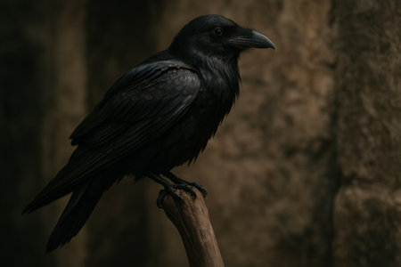 Black Raven Perched on a Weathered Branchの素材