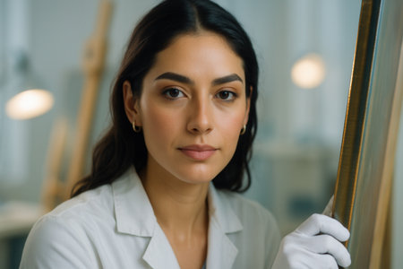 portrait of young female artist looking at camera while standing in art studioの素材