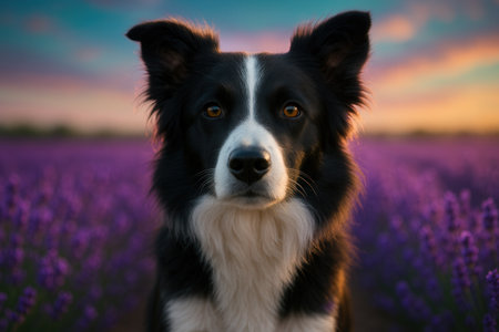 Portrait of border collie dog in lavender field at sunsetの素材
