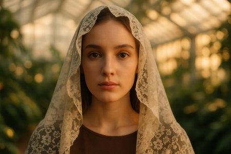 Portrait of a beautiful young woman in a greenhouse. Greenhouse.の素材