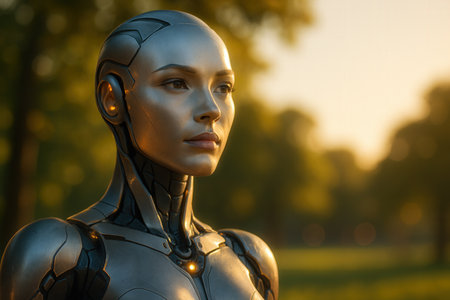 Close up of a female robot in a park at sunsetの素材
