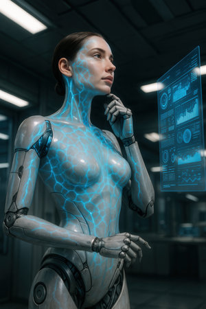 a female cyborg looking at hologram screenの素材