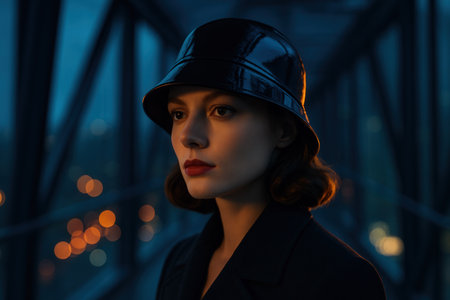 portrait of a beautiful girl in a hat on the background of the night cityの素材