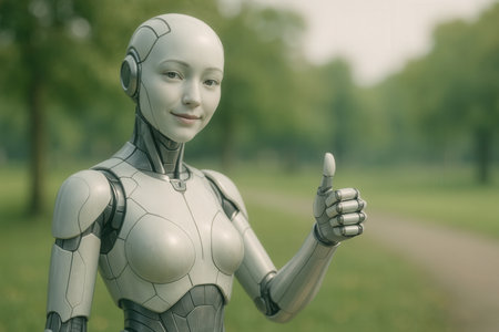 Cyborg woman with thumbs up in the park. Artificial intelligence concept.の素材