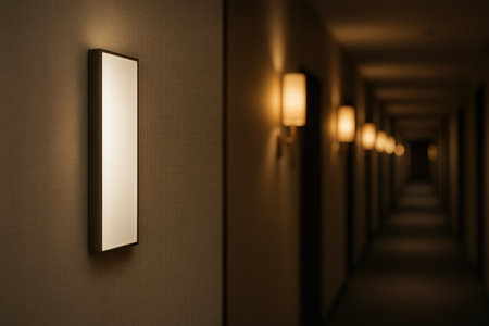 Blank white sign hanging on the wall in hotel corridorの素材