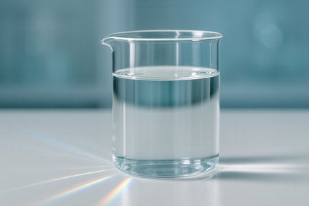 glass beaker with water on a white table against the background of a blue wallの素材