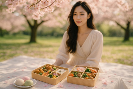 Beautiful asian woman holding bento box in the park.の素材