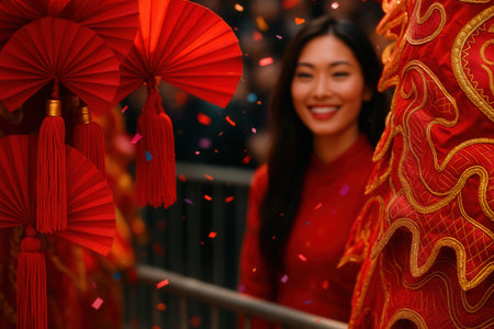 Beautiful Asian woman with red paper lanterns during Chinese New Yearの素材