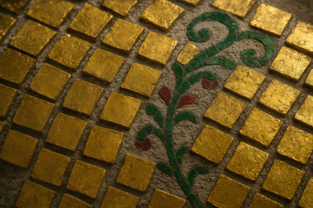 Closeup detail of a gold textured background with floral pattern.の素材