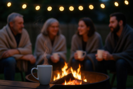 Group of friends sitting around a campfire and drinking hot tea.の素材