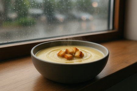 Creamy soup with croutons in a bowl on the windowsillの素材