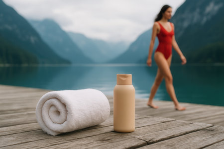 Beautiful young woman in red swimsuit standing on wooden pier near mountain lake with white towels.の素材