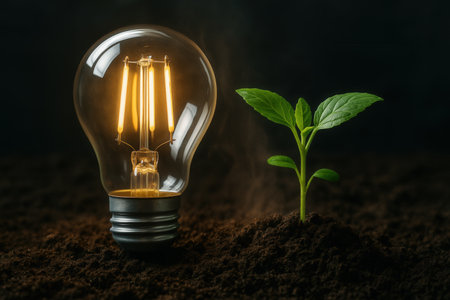 Light bulb with green sprout growing out of it on soil, environmental conceptの素材