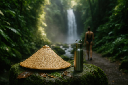 Beautiful woman in the jungle with a bamboo hat and a bottle of waterの素材