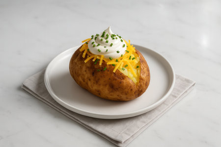 Baked potato with sour cream on white plate on white marble backgroundの素材
