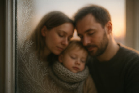 Portrait of a happy family on the background of the windowの素材