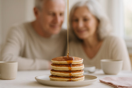 Close up of delicious pancakes with maple syrup being poured on them. Cheerful senior couple having breakfast at home.の素材