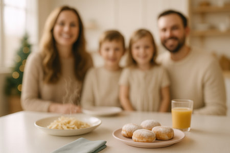 Happy family having breakfast in the kitchen at homeの素材