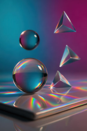 A crystal ball and digital tablet on colorful background.の素材