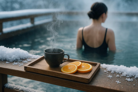 Woman relaxing in hot tub with hot tea and orange in winter.の素材